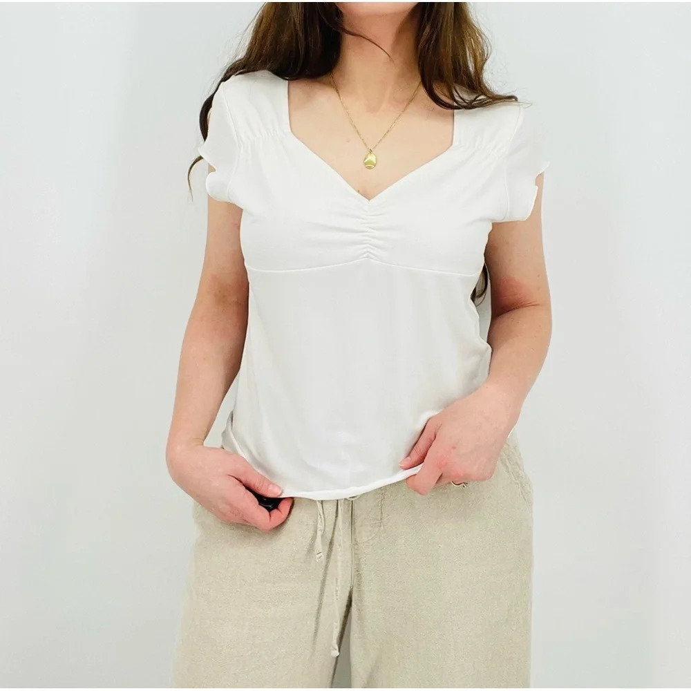 vintage y2k 90s ivory ruched babydoll mesh top feminine size m